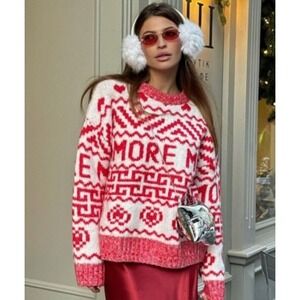 H&M "Amore Mio" Red Jacquard Knit Wool‎ Blend Loose Fit Sweater - Size S